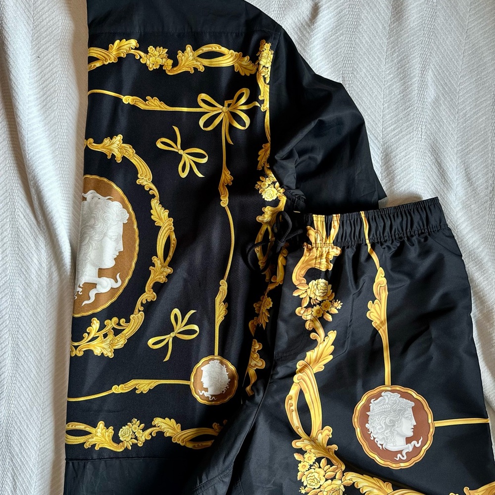 Versace Black and Gold Baroque Print Shirt and Shorts Set
